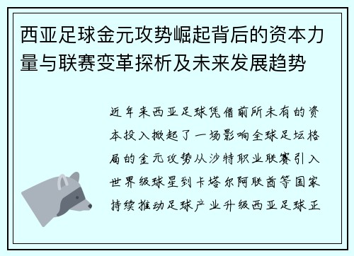 西亚足球金元攻势崛起背后的资本力量与联赛变革探析及未来发展趋势 西亚足球金元攻势崛起背后的资本力量与联赛变革探析及未来发展趋势